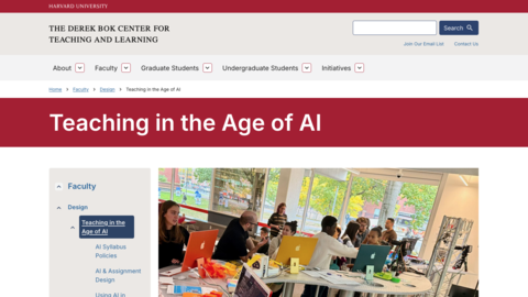 Screengrab of the webpage for Teaching in the Age of AI from Derek Bok Center for Teaching and Learning