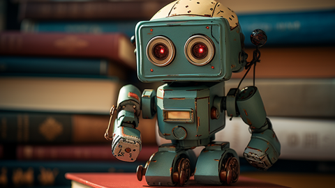 Charming vintage robot with glowing red eyes stands on a book, surrounded by a cozy stack of books in warm lighting