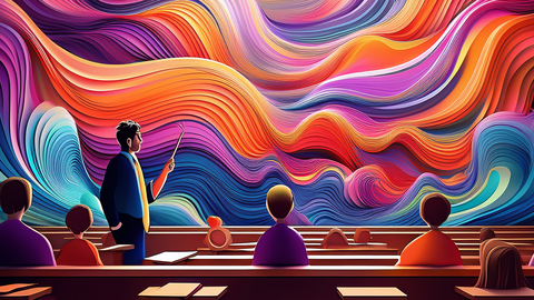 teacher teaching in classroom abstract with colorful wavey lines