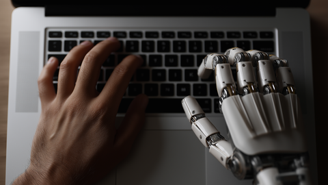 Human and robot hands typing on a keyboard
