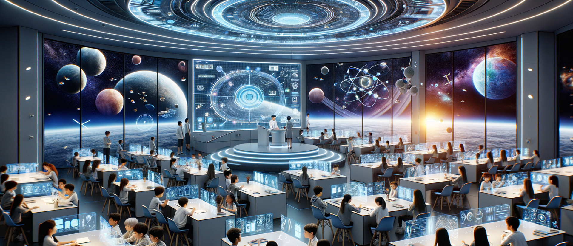 A lab of futuristic researchers in space