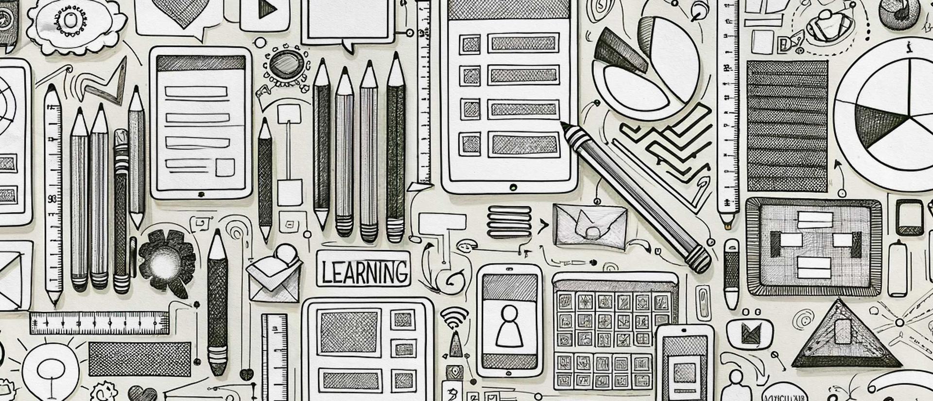 abstract pencil sketches of charts, tablets, papers, pencils, and phones