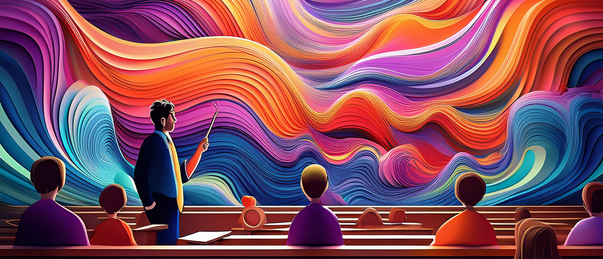 teacher teaching in classroom abstract with colorful wavey lines