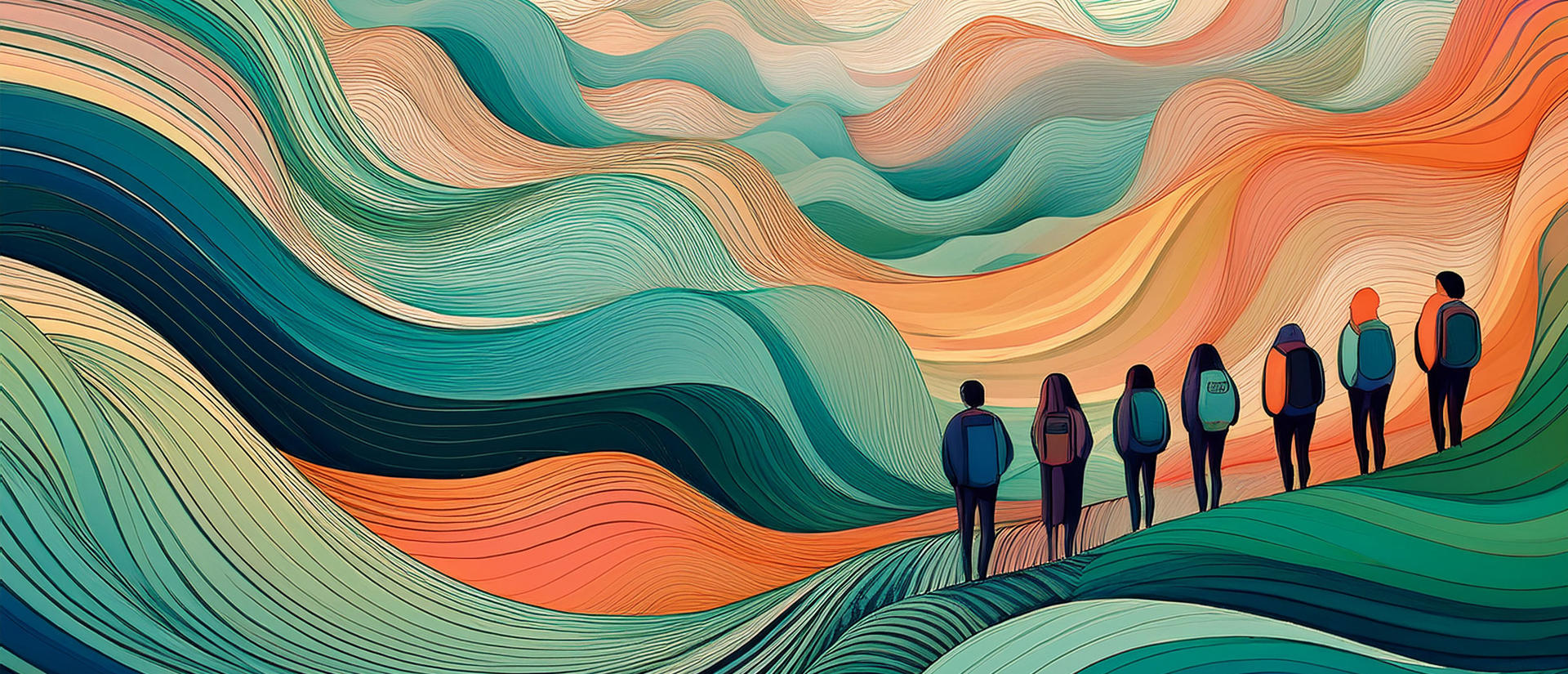 Illustrated students standing in front of an abstract wavy frontier