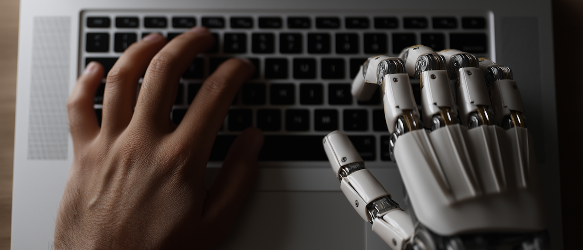 Human and robot hands typing on a keyboard